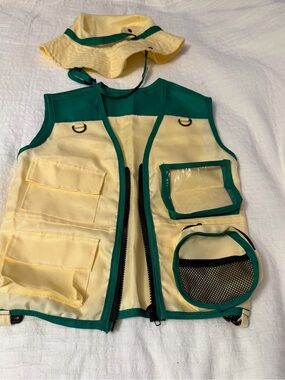 Kids Fishing Vest Bucket Hat Set Yellow Green Outdoor Explorer Safari  Ages 3–6